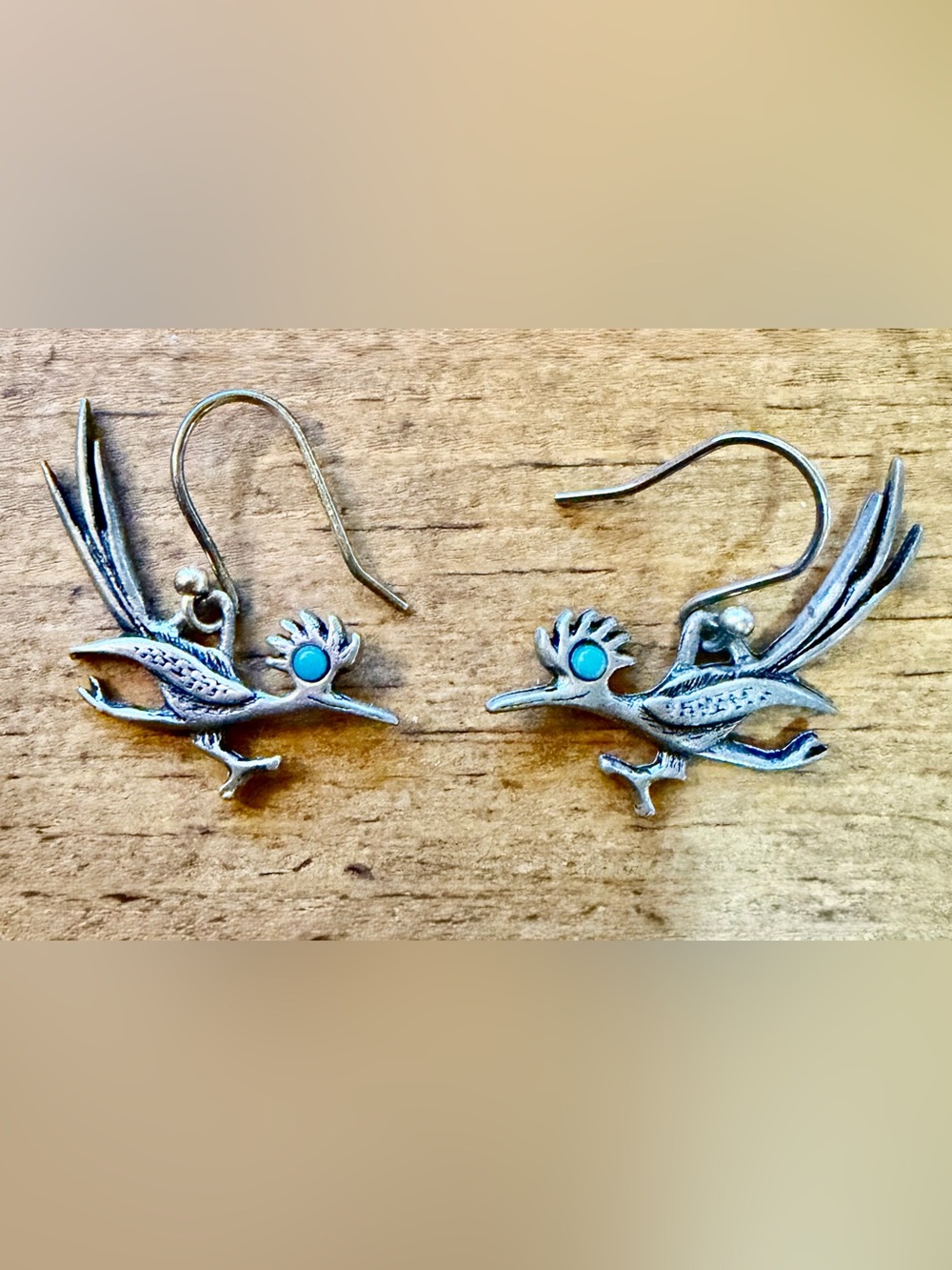 VINTAGE J RITTER SIGNED PEWTER ROADRUNNER BIRD PIERCED DANGLE EARRINGS